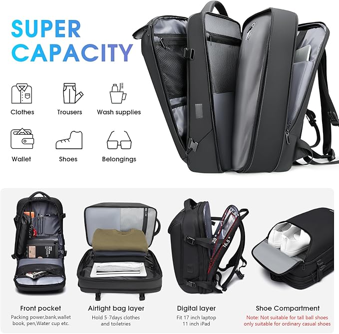 TANGCORLE Vacuum Seal Travel Backpack, Expandable Vacpack Backpack with Vaccum Compression System, Water Ressistant 17.3 Inch Laptop Backpack with USB Charging Port-Vacuum Pump Included