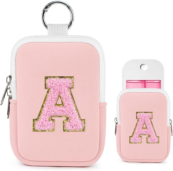 Shenier Alphabet Zippered Case with Keychain, Cute Design, Compatible with Touchland Power Mist Gentle/Glow Mist Hand Sanitizer Spray, Pink-A