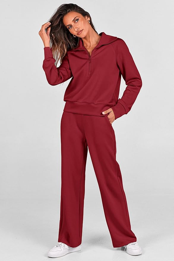PRETTYGARDEN Women's 2 Piece Outfits Casual Lapel Half Zip Sweatshirts and Wide Leg Pants Tracksuit Sets