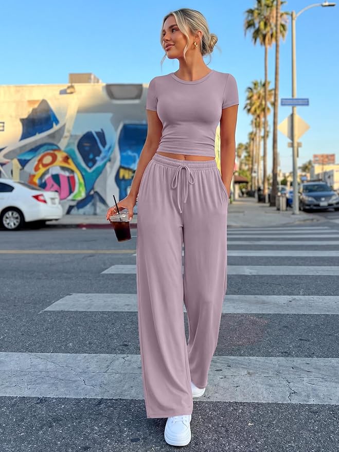 Trendy Queen 2 Piece Matching Summer Lounge Set Womens Side Ruching Top Wide Leg Pants Sets with Pockets