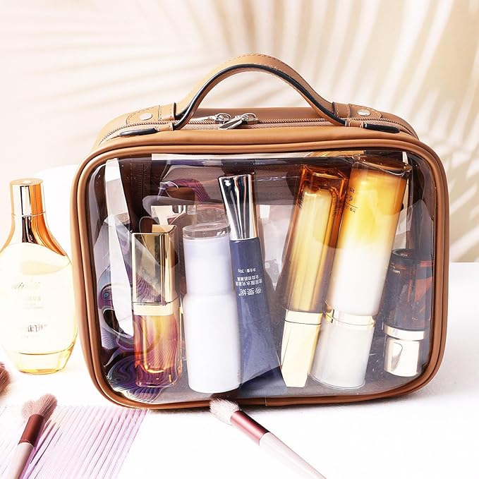 SANHECUN traveling toiletry case clear cosmetics case makeup bag (Brown, Small)