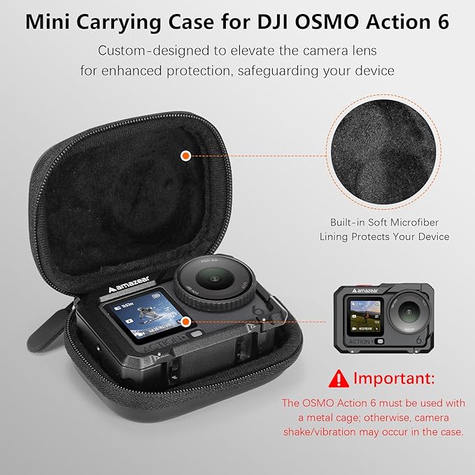 AMAZEAR Carry Case for DJI OSMO Action 6 Accessories, Action6 Portable and Compact Travel Bag Hard Leather Case with Soft Inner for Protection, Storage (Must Be Used with a Metal Cage), Black