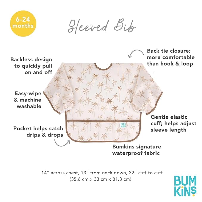 Bumkins - Sleeved Bib - For Boys & Girls, Babies & Toddlers 6-24 Months - Lightweight, Durable, Waterproof - Long Sleeve Bib - Catch-All Pocket - Wipeable & Machine Washable - Checks & Palms - 2 Pack