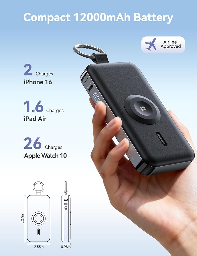 RORRY Portable Charger, 12000mAh 30W Fast Charging Power Bank with Built-in Retractable USB C Cable, Battery Pack with Keychain, Travel Essentials for iPhone, Apple Watch, iPad, Purple