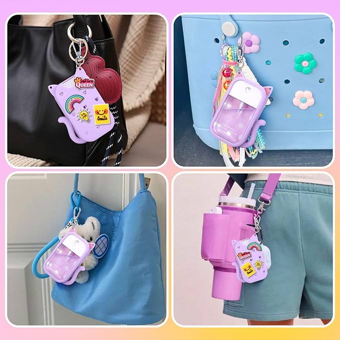 Juome Silicone Case for Touchland Hand Sanitizer Spray with Keychain & Charms, Cat Protective Holder Compatible with Touchland Power Mist & Glow Mist 1 FL Oz/30ML,Travel Cover Sleeve Accessory -Purple