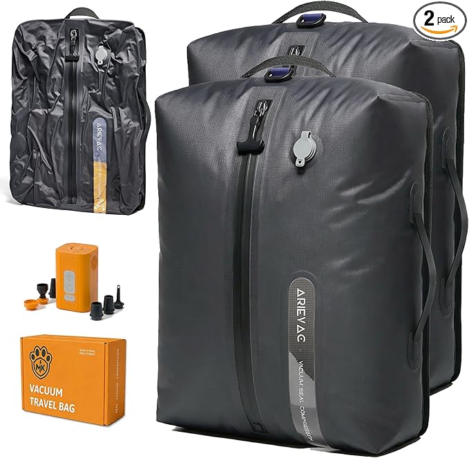 IKYWT Vacuum Seal Bags for Travel w/Rechargeable Pump, 18L Compression Packing Cubes for Carry-On Suitcase & Travel Backpack, Reusable IP67 Waterproof Vacuum Storage Kit, Gift Set (2-Pack)