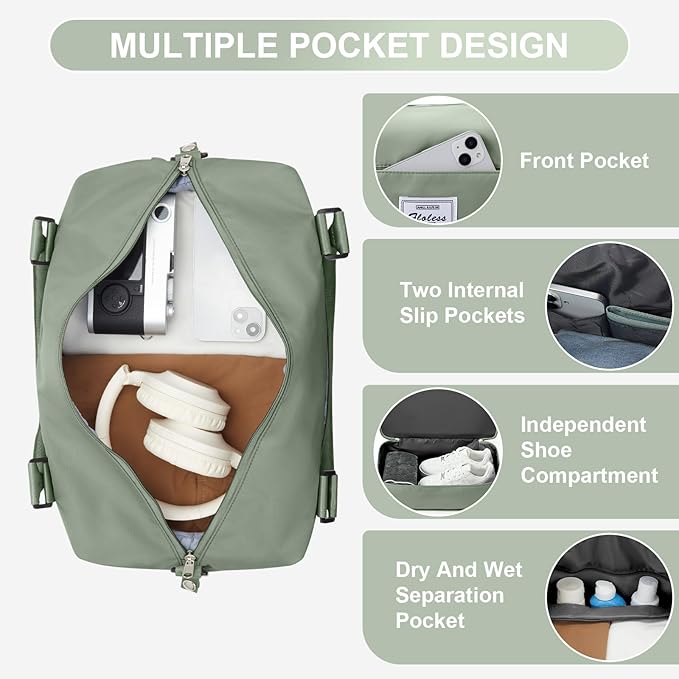 Travel Duffel Bag, 18x14x8 Inches Travel Bag Spirit with Shoes Compartment, Weekender Overnight Bag for Women with Trolley Sleeve, Carry On Bag for Airplanes Sport Tote Gym Bag(BeigeGreen).