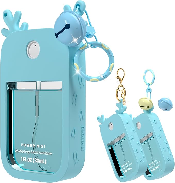 Sonnorel 1 Pack Elk Silicone Case Compatible with Touchland Hand Sanitizer Spray (Fit for 1 FL OZ/30 mL Ver), Portable keychain, Small Bell, Cute Deer Antlers (Blue)