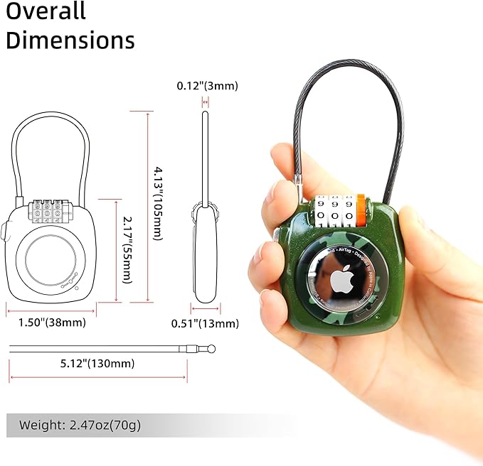 Combination Lock AirTag Holder, Compatible with Apple AirTag Holder, Cable Lock Air Tag Case for Luggage, Backpack, Suitcase, Bike, Kids Travel Air Tagholder, Locking GPS Tracker Case