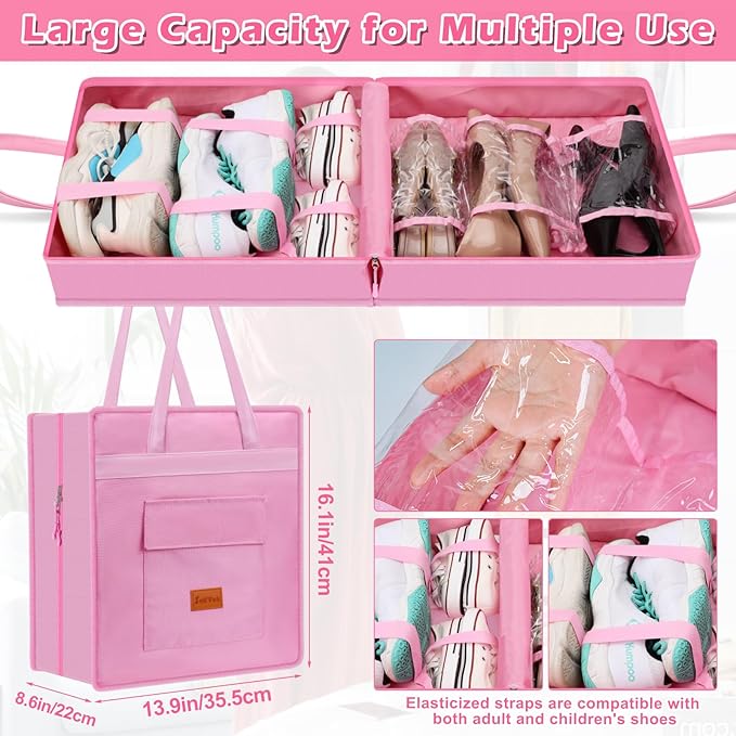SelfTek Shoe Bags for Travel with Handle, Waterproof Large-Capacity Family Travel Shoe Bag Organizer for Multiple Shoes, Shoe Travel Bags for Packing, Suitable for Luggage Handle (pink)
