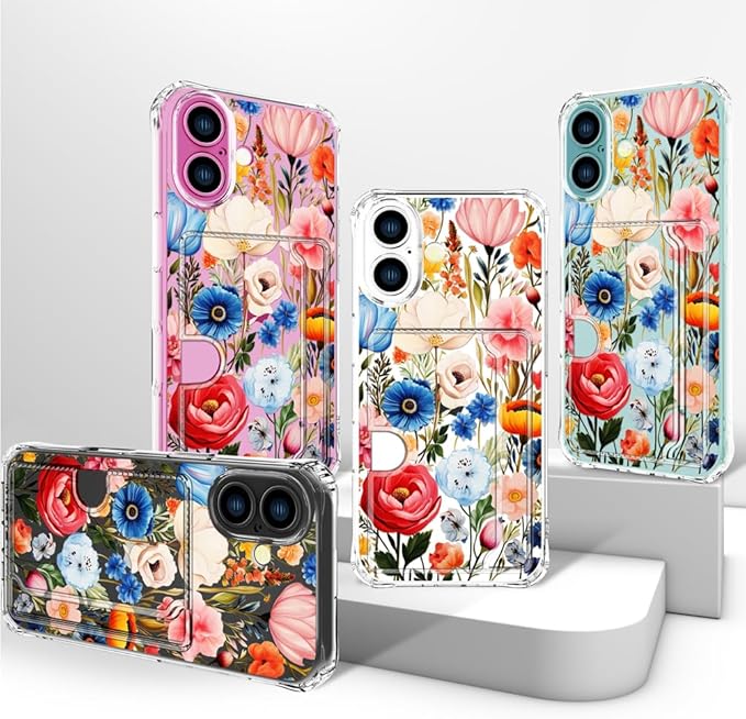 Compatible with iPhone 16 Plus Case Card Holder for Women Cute Design,Wallet Phone Cases Transparent Cool Kawaii Protective (Clear Flower Art Rose Peony)
