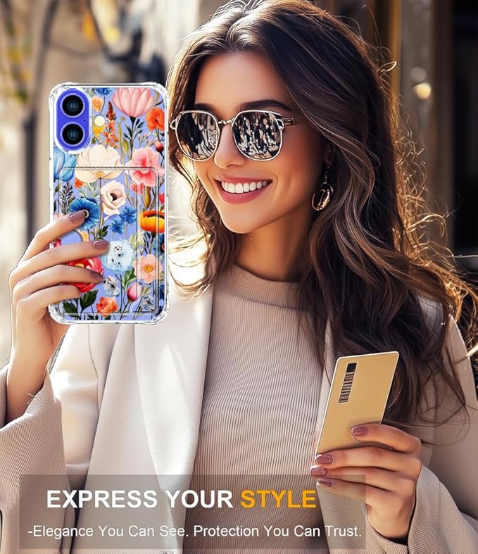 Compatible with iPhone 17 Case Card Holder for Women Cute Design,Wallet Phone Cases Transparent Cool Kawaii Protective (Clear Flower Art Rose Peony)