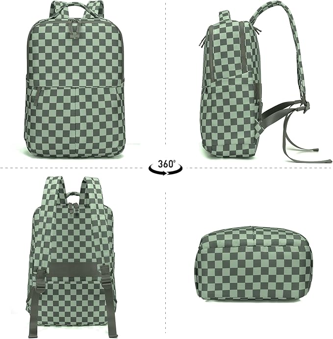 Checkered Backpack for Women Fashion Backpacks with Laptop and Multi Compartment for Travel and Work Bean Green Check