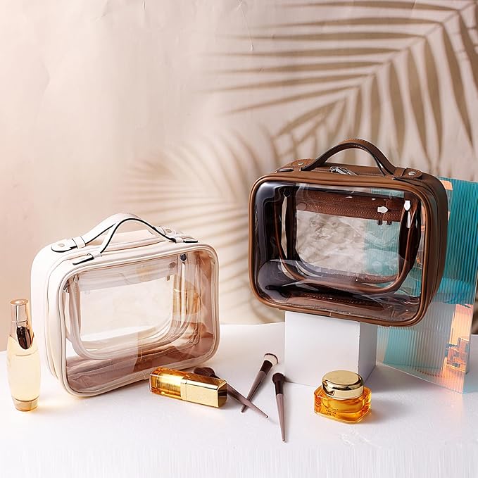 SANHECUN traveling toiletry case clear cosmetics case makeup bag Dimensions | LxWxH:10” x 4.5” x 7.5”(Beige, Medium)