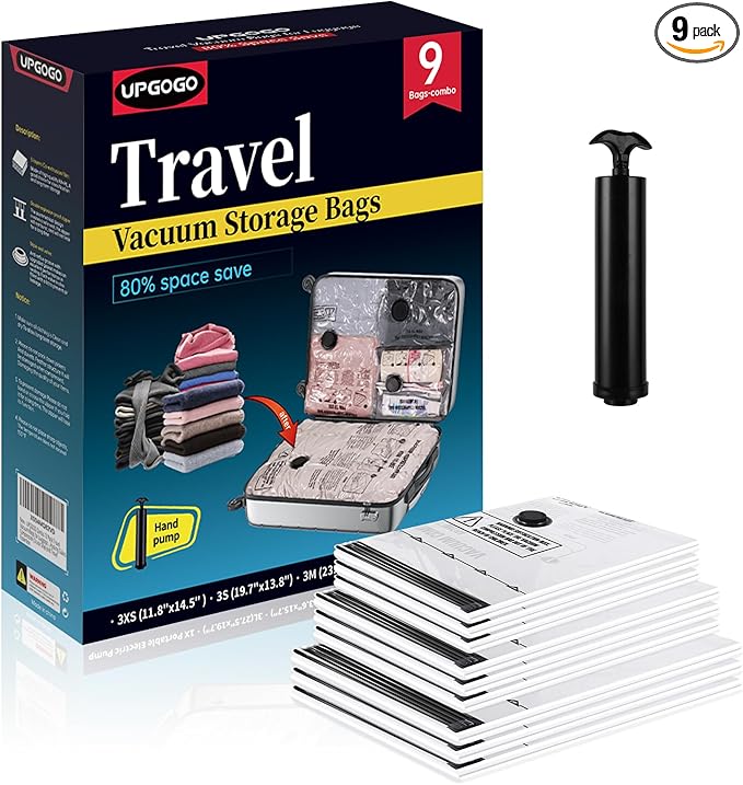 UPGOGO Travel Vacuum Bags for Luggage with Hand Pump,Vacuum Seal Bags for Clothing,Packing Cubes Compression,Cruise Ship and Travel Essentials(Combo 9 Pack)