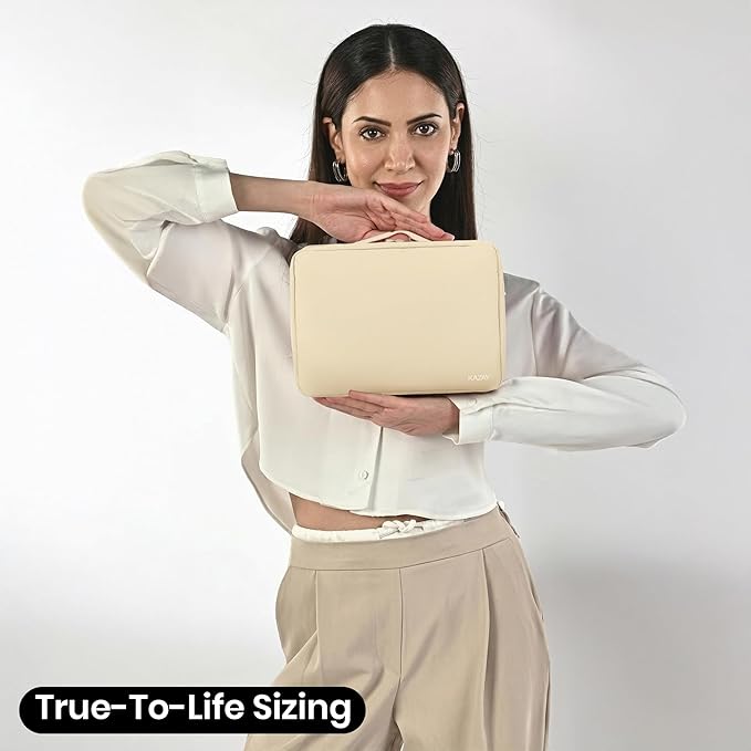 KAZAY Hanging Toiletry Bag with TSA Approved Detachable Pouch, Travel Toiletry Bag, Water Resistant, Premium Nylon, Full-Size Bottles, Travel Size Toiletries, Cosmetic Bag, Unisex (Beige)