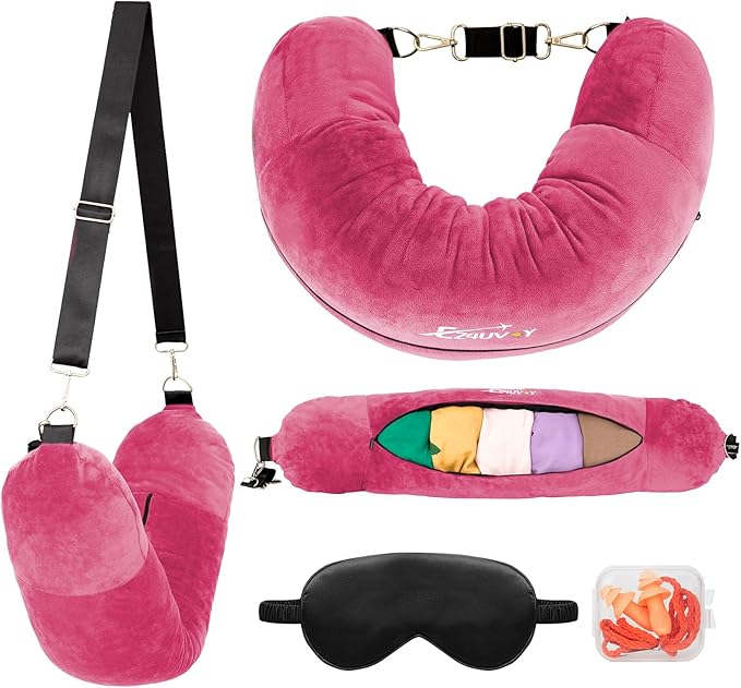 Travel Neck Pillow Stuffable with Clothes, Stuffable Neck Pillow for Travel, Packable Fillable Storage Bag for Airplane