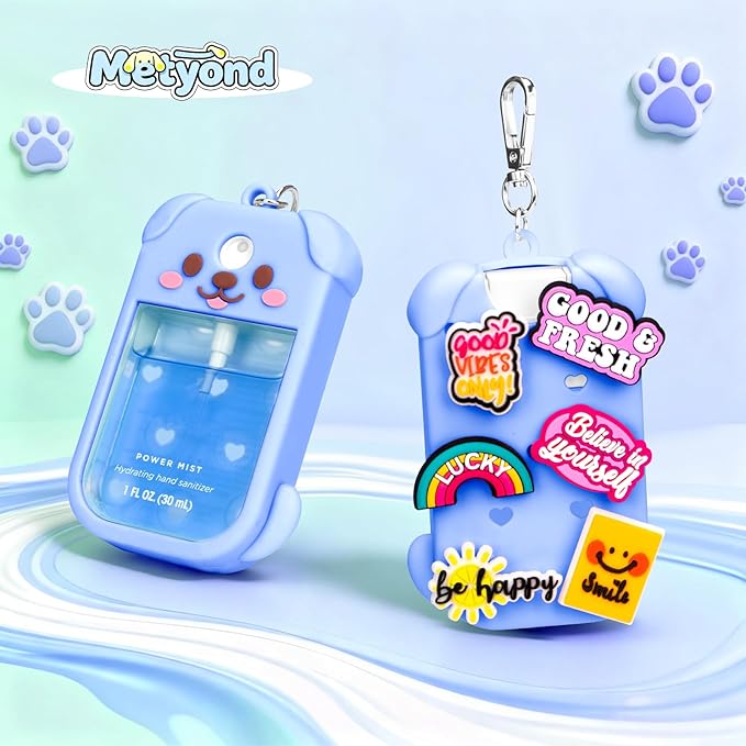 Metyond Dog Silicone Case for Touchland Hand Sanitizer Spray Power Mist 1 FL OZ/30ML for Touchland Case with Keychain, with Cute Charms Accessory Cute Travel Case (1PCS Blue)