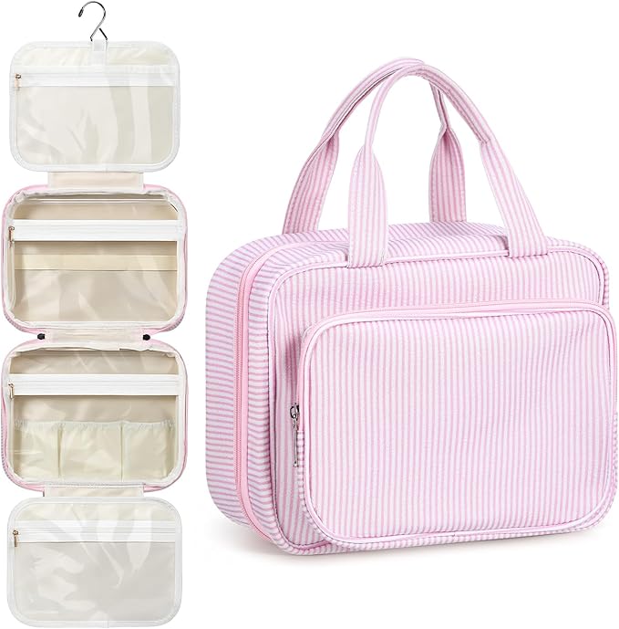 Huhumy Hanging Toiletry Bag for Women with Detachable Pouch, Travel Toiletry Bag, Travel Size Toiletries, Cosmetic Bags, Seersucker Makeup Bags Gifts for Her Mom Girlfriend Wife Teacher(Pink)
