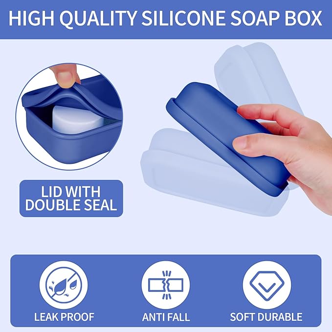 Leak Proof Soap Case,Large Silicone Travel Soap Holder,Portable Soap Box with Drainage Layer,Bathroom Shatter Proof,Suitable for Travel, Bathroom, Camping, Gym(Dark Blue)