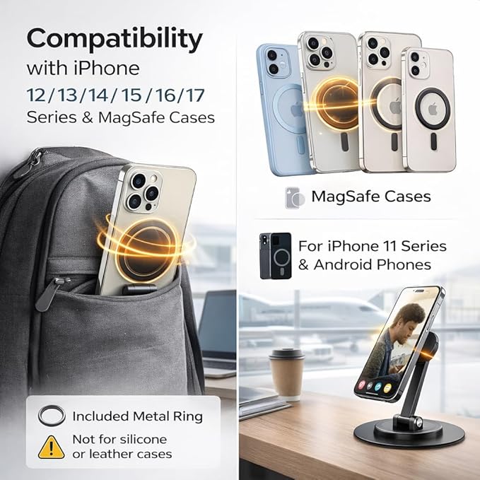 Mizi Magnetic Phone Stand for MagSafe - Adjustable Height & 360° Rotating iPhone Desk Holder Compatible with iPhone 17/16/15/14/13/12, Galaxy Series & MagSafe Cases – Black