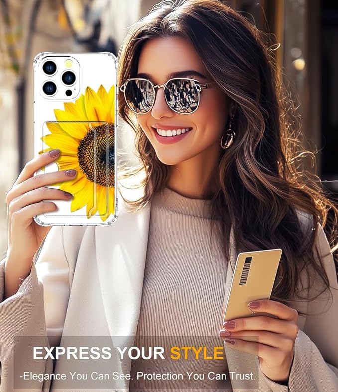 Compatible with iPhone 16 Pro Max Case Card Holder for Women Cute Design,Wallet Phone Cases Transparent Cool Kawaii Protective (Clear Sunflower Sun Flower)