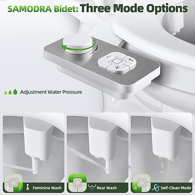 SAMODRA Bidet Attachment, Non-Electric Cold Water Bidet Toilet Seat Attachment with Pressure Controls, Retractable Self-Cleaning Dual Nozzles for Frontal & Rear Wash - Brushed Nickel