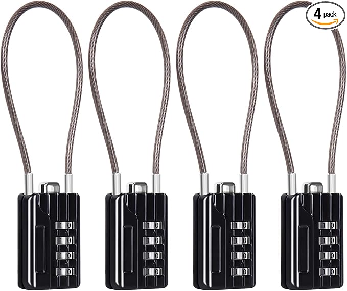 SEPOX® Compact Design Resettable Combination Padlock 4 Digit, 30mm 1-3/16" Width Body, Extra Long 16cm Cable Lock for Suitcase, Travel, Gym Lockers, Helmet, Cabinets, Case, Fence, Pack of 4 Black