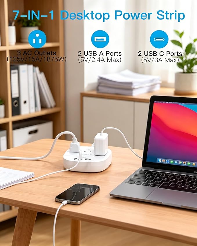 10 Ft Long Extension Cord, Cruise Ship Power Strip, 22.5W/4.5A Flat Plug Power Strip with 3 Oultets 4 USB(2 USB C) 10ft Power Strip No Surge Protection for Home Office College Dorm Room Essentials