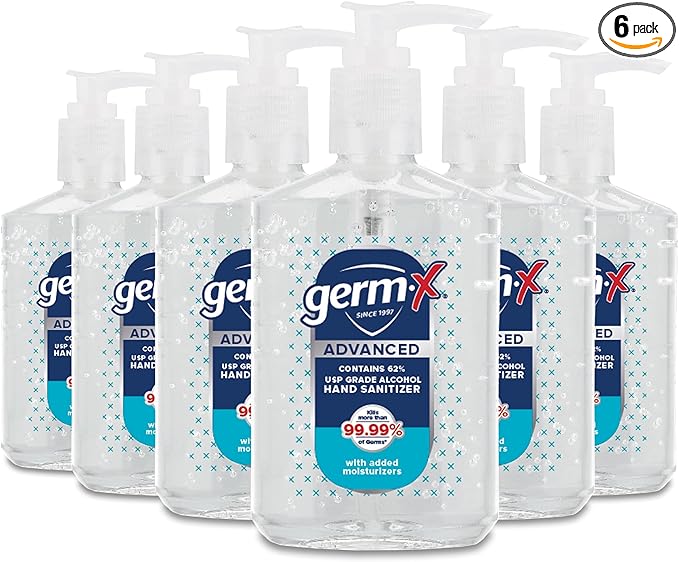 Germ-X Advanced Hand Sanitizer, 8 Fl Oz (Pack of 6), Less Drying Moisturizing Clear Gel, No Rinse Formula, Pump Bottle