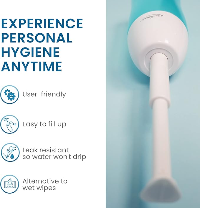 GenieBidet On The Go Portable Travel Bidet with Telescoping Nozzle Spray, Handheld, Leak & Mess Free Butt Shower, Replaces Wet Wipes, Discreet Pull-String Pouch
