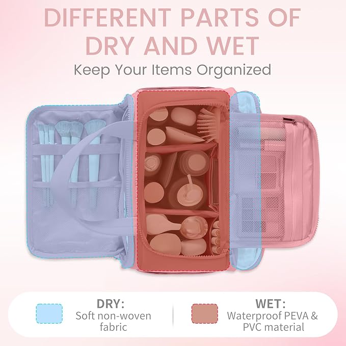 Travel Toiletry Bag for Women,Large Makeup Bag Organizer,Puffy Cosmetic Bag with Wet Dry Separation,Waterproof Toiletries Bag with Trolley Sleeve,Dark Pink