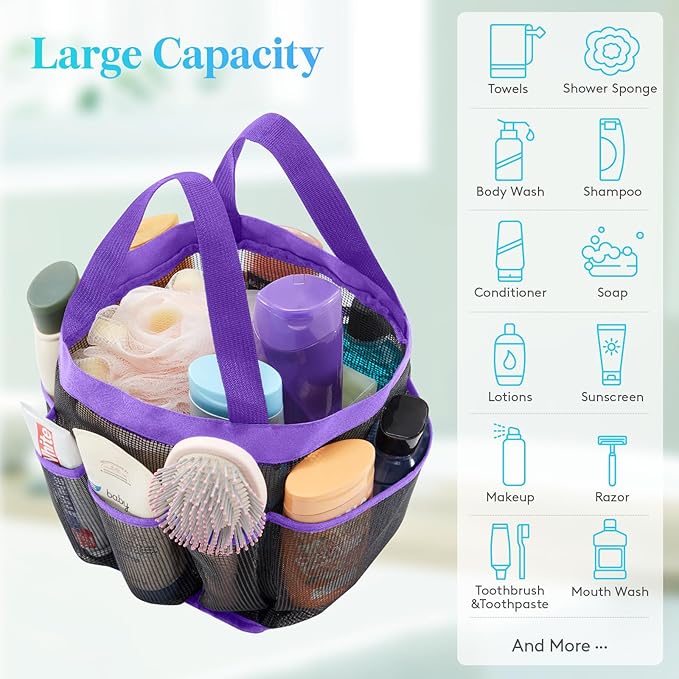 Lifewit Mesh Shower Caddy Portable for College Dorm Room Essentials with 7 Pockets, Freestanding Hanging Organizer Basket, Quick Dry Tote Bag for Camping, Bathroom, Beach, Travel, 1 Pack, Purple