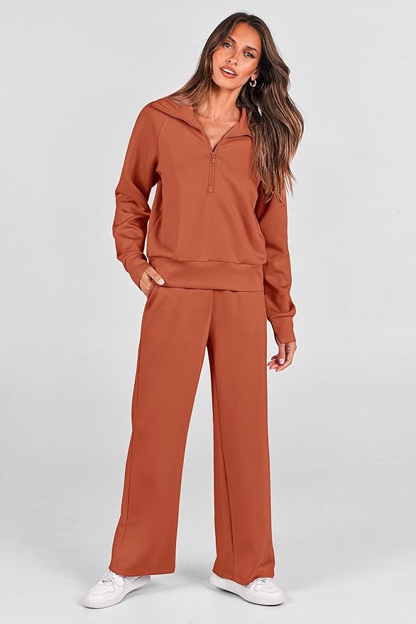 PRETTYGARDEN Women's 2 Piece Outfits Casual Lapel Half Zip Sweatshirts and Wide Leg Pants Tracksuit Sets