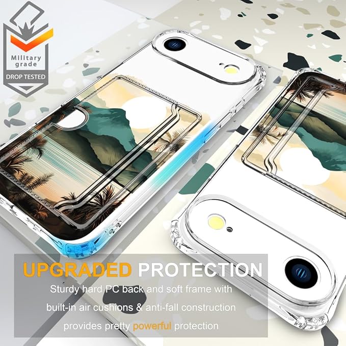 Compatible with iPhone 17 Air Case Card Holder for Women Cute Design,Wallet Phone Cases Transparent Cool Kawaii Protective (Clear Ocean Sun Mountains Sunset)