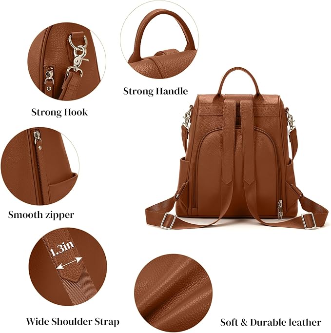 Leather Backpack Purses, Anti-theft Genuine Leather Backpack Bags for Women, Large Capcacity Fashion Convertible Shouler Bags for School Travel Daily
