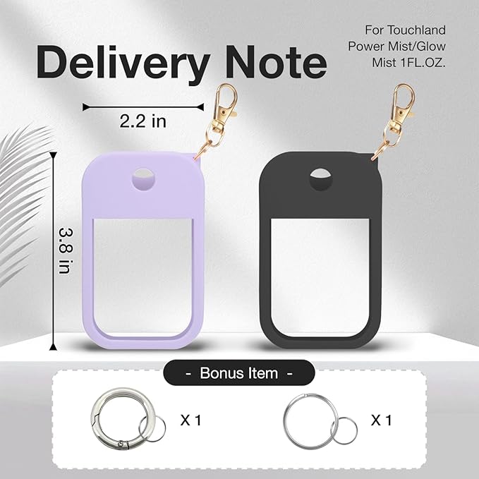 2 PCS Soft Silicone Case for Touchland Power Mist (1FL. OZ./30 mL), Protective and Stylish Case with Keychain Compatible with Touchland Hand Sanitizer Spray (Purple/Black)