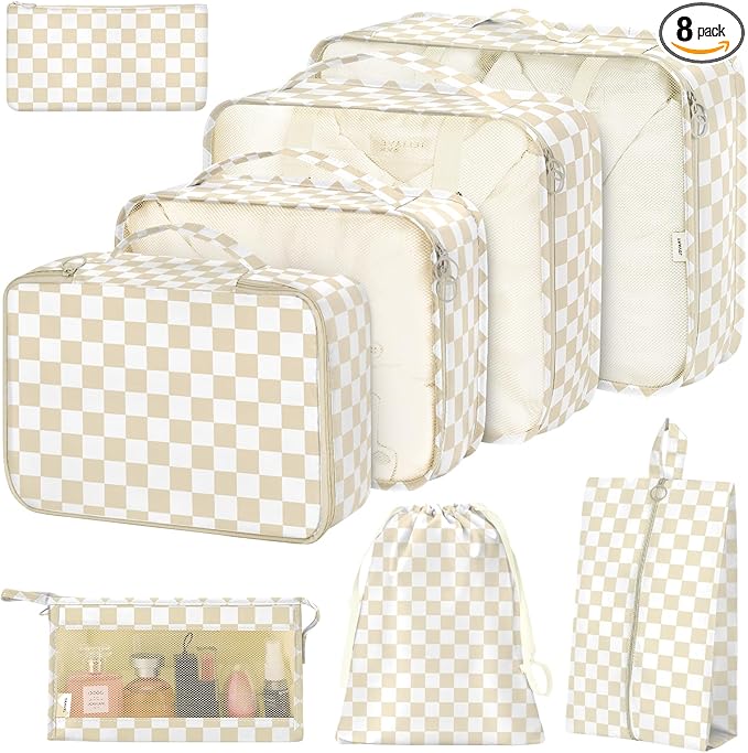 8 Set Packing Cubes for Suitcases,Packing Cube with Shoe, Cosmetics, Clothing, and Accessories Bags Packing Cubes for Travel Luggage Organizer Women Men(Khaki Checkered)