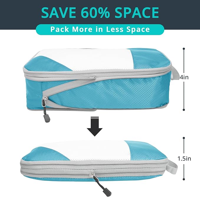 NICOSHOW Compression Packing Cubes 6 Set, Compressible Space-Saving Packing Cubes for Travel - Compression Bags, Luggage Organizer, Travel Essentials for Women, Teal