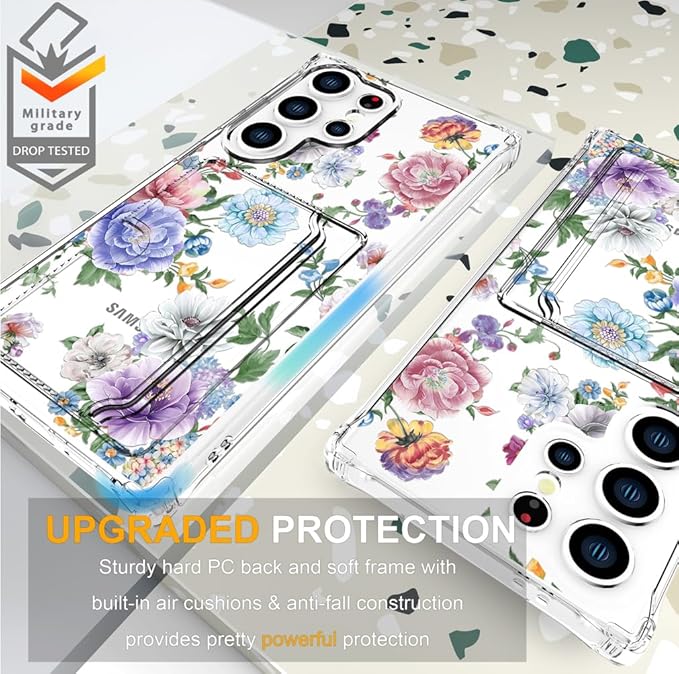 Compatible with Samsung Galaxy S24 Ultra Case Card Holder for Women Cute Design,Wallet Phone Cases Transparent Cool Kawaii Protective (Clear Amazing Lovely Flowers)