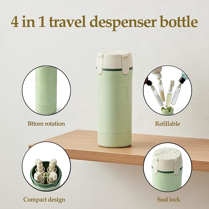 4 in 1 Travel Dispenser Bottle Travel Bottle Dispenser for Toiletries TSA Approved Leakproof with 4 Pack 30Ml Travel Size Pump Bottles & Labels, Suitable for Lotion Shampoo Conditioner Cream