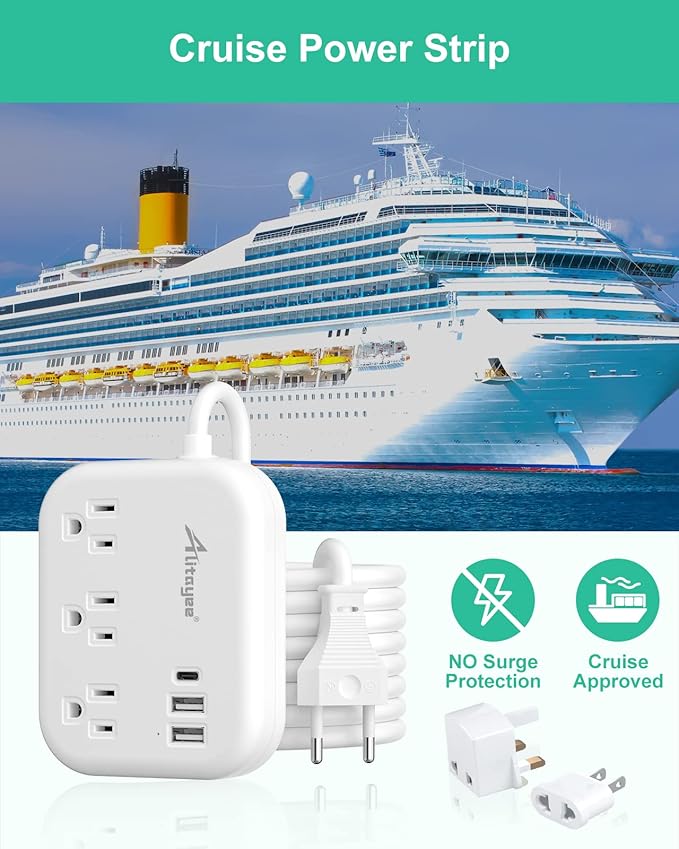 European Travel Plug Adapter, Alitayee EU/UK/US Travel Power Strip with 3 Outlets 3 USB Ports, International Universal Plug Adapter with 3ft Extension Cord to EU UK Italy Spain France Germany Cruise