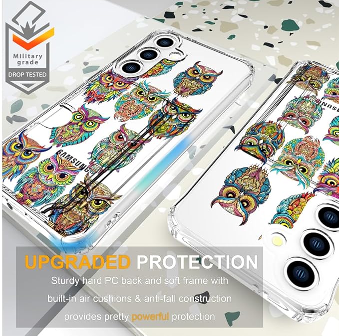 Compatible with Samsung Galaxy S24+ Plus / S25+ Plus Case Card Holder for Women Cute Design,Wallet Phone Cases Transparent Cool Kawaii Protective (Clear Colorful Owls Cartoon)