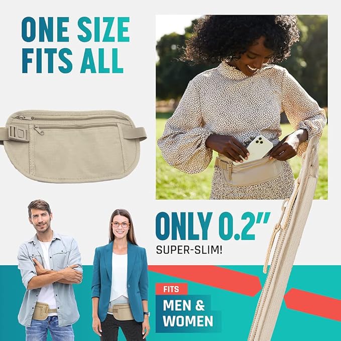 Secure Travel Money Belt, Anti-Theft Passport Holder Travel Wallet for Men Women, Hidden Under Clothes Belt Wallet, Security Travel Pouch, Waterproof Waist Bumbag for Money, Cards and Keys