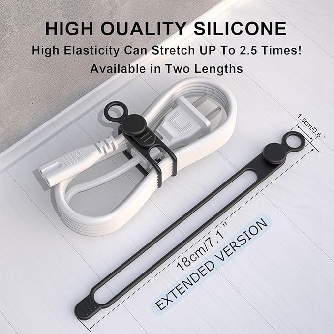 UMUST Silicone Cable Straps, 10pcs Extra-Long Reusable Hanging Organizer for Cables, Kitchen, Home, School (Black & White)