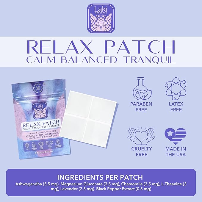 Laki Naturals Relax Patch (1 Count, Pack of 8) | Natural Plant-Based Ingredients for Stress and Worry | Calming Formula for Better Sleep