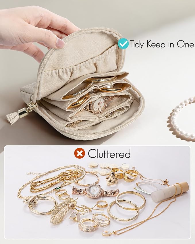 VLANDO Small Jewelry Travel Case,Jewelry Pouch Bags with Zipper,Velvet Jewelry Organizer Storage Bag for Bracelet Rings Earring Travel Essentials Gifts for Women Girl-Beige