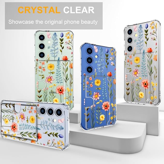 Compatible with Samsung Galaxy S24 / S25 Case Card Holder for Women Cute Design,Wallet Phone Cases Transparent Cool Kawaii Protective (Clear Multicolored Flowers Branches)