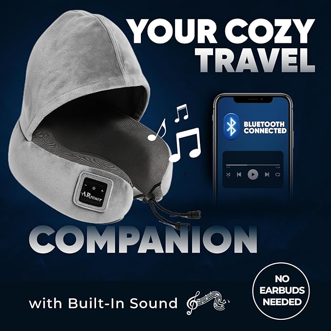 Bluetooth Music Semicircular Neck Pillow with Hood Wireless Bluetooth Speaker Suitable Airplane,Car,Office,and Outdoor Camping for Sleeping, Resting The Best Travel Essentials. (Light Gray)