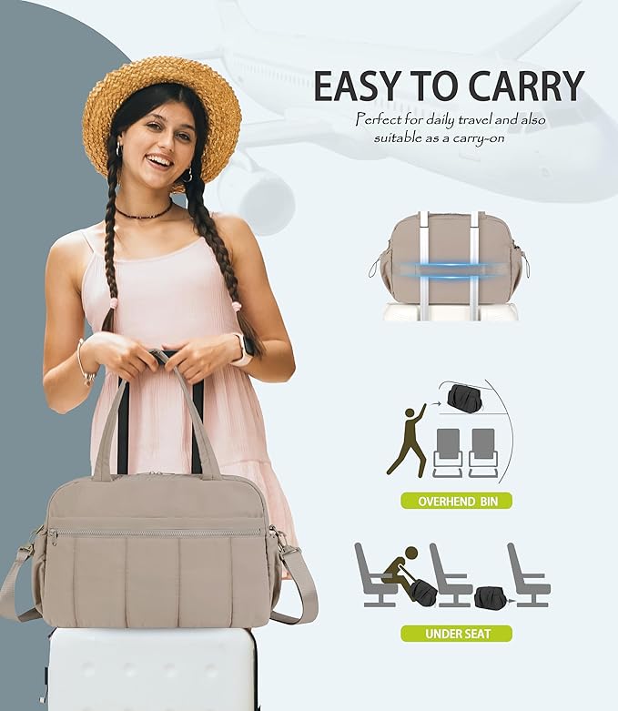 Lightweight Travel Duffle Bag for Women, Quilted Puffy Weekender with Wet Pocket for Gym, Overnight, Personal Item Carry On, Camel